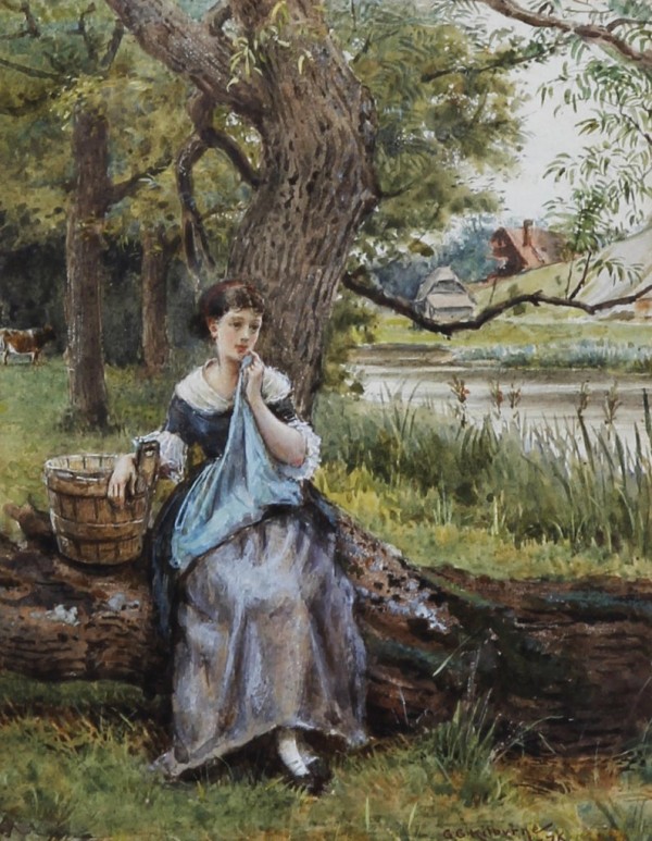 A girl sitting by the lake by George Goodwin Kilburne